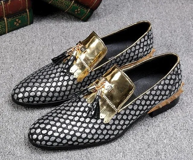 British Handmade Tassel Men Leather Loafers Gold Silver Rivet Party Dress Shoes Men Slip on Casual Shoes Big Size