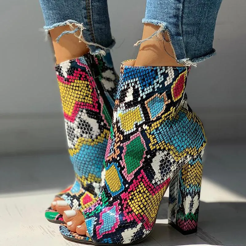 Colorful Snakeskin Chunky Heeled Boots