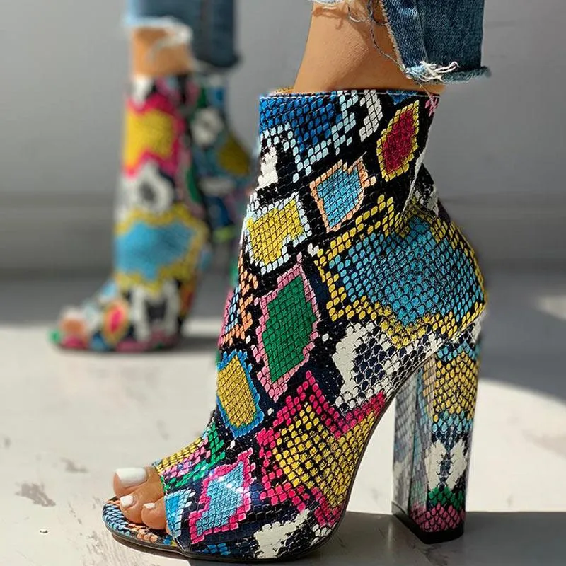 Colorful Snakeskin Chunky Heeled Boots