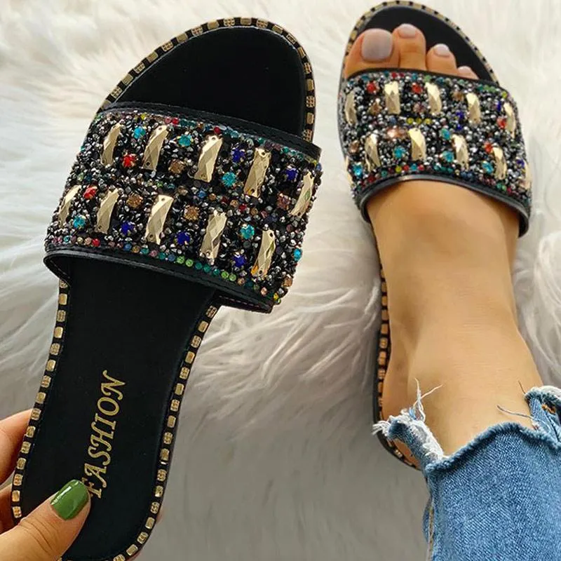 Colorful Studded Sequins Detail Flat Sandals