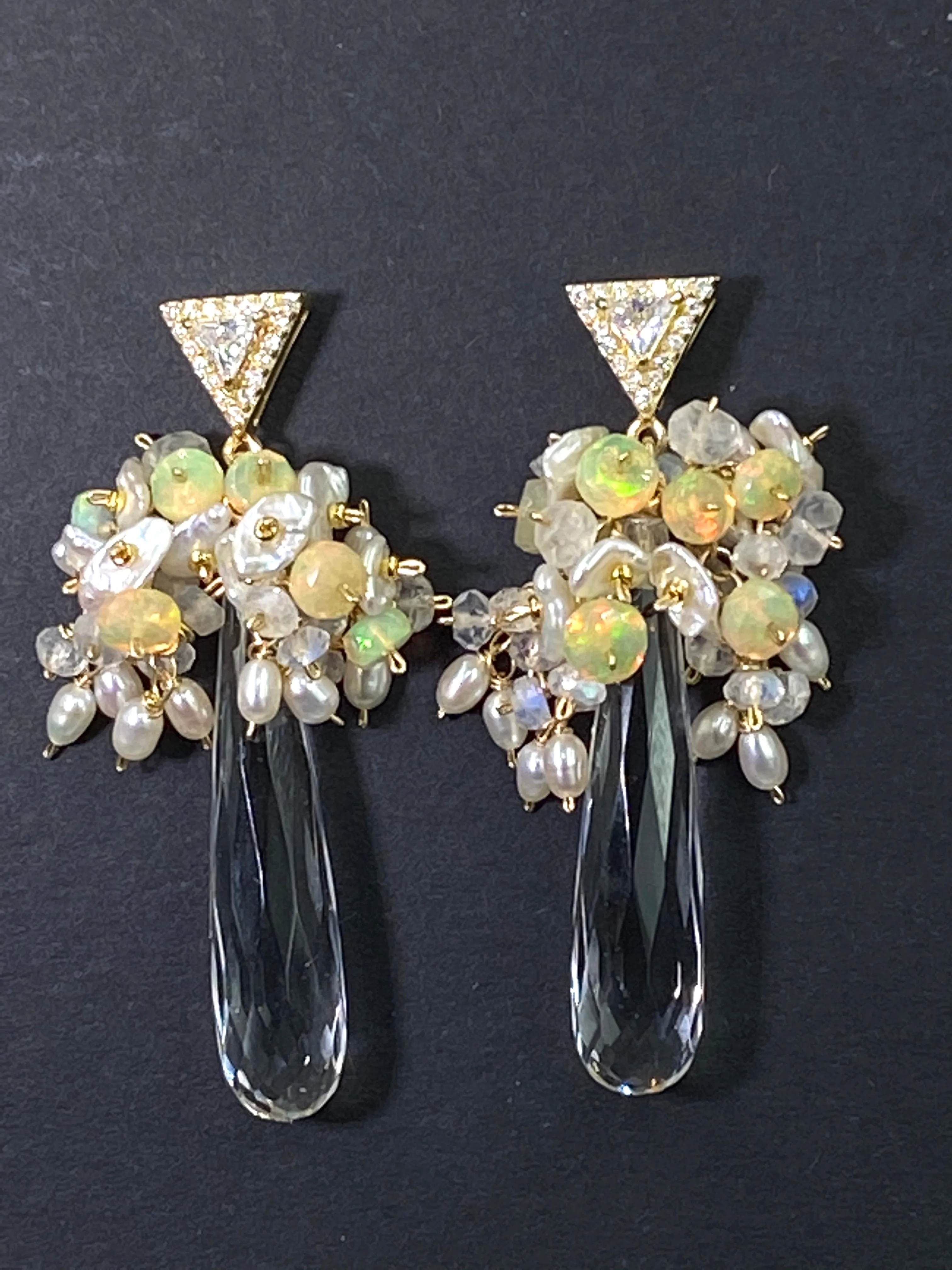 Crystal Quartz Opal and Moonstone Cluster Earrings Gold Post