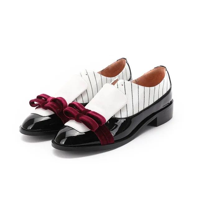 High Quality Women Oxford Flats Mixed Colors Casual Shoes Woman Genuine Leather Bow-knot Slip-on Round Creeper Brogue Loafers
