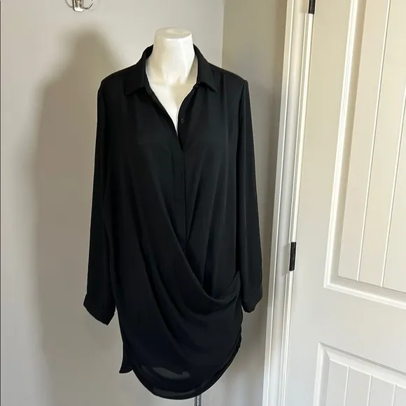 KRISA Drape Button Front Long Sleeve MiniShirt Dress Black LBD Revolve Sz L