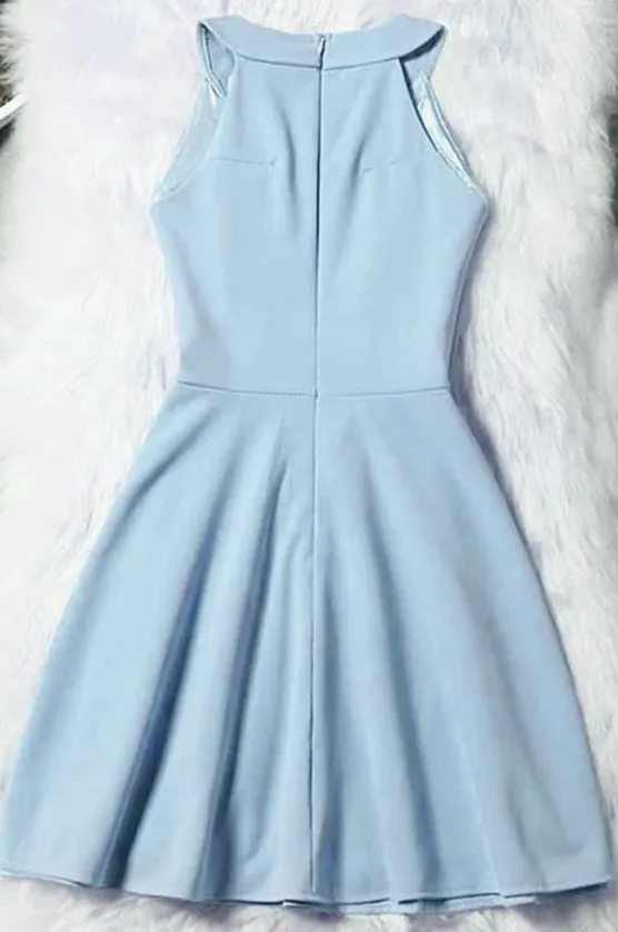 Light Blue Halter Short Wedding Party Dress, Cute Blue Prom Dress