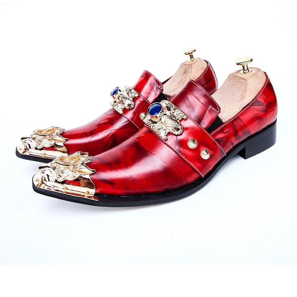 Luxury Italian Men Business Shoes Pointed Toe Formal Dress Shoes Metal Charm Genuine Leather Party Men Shoes Red
