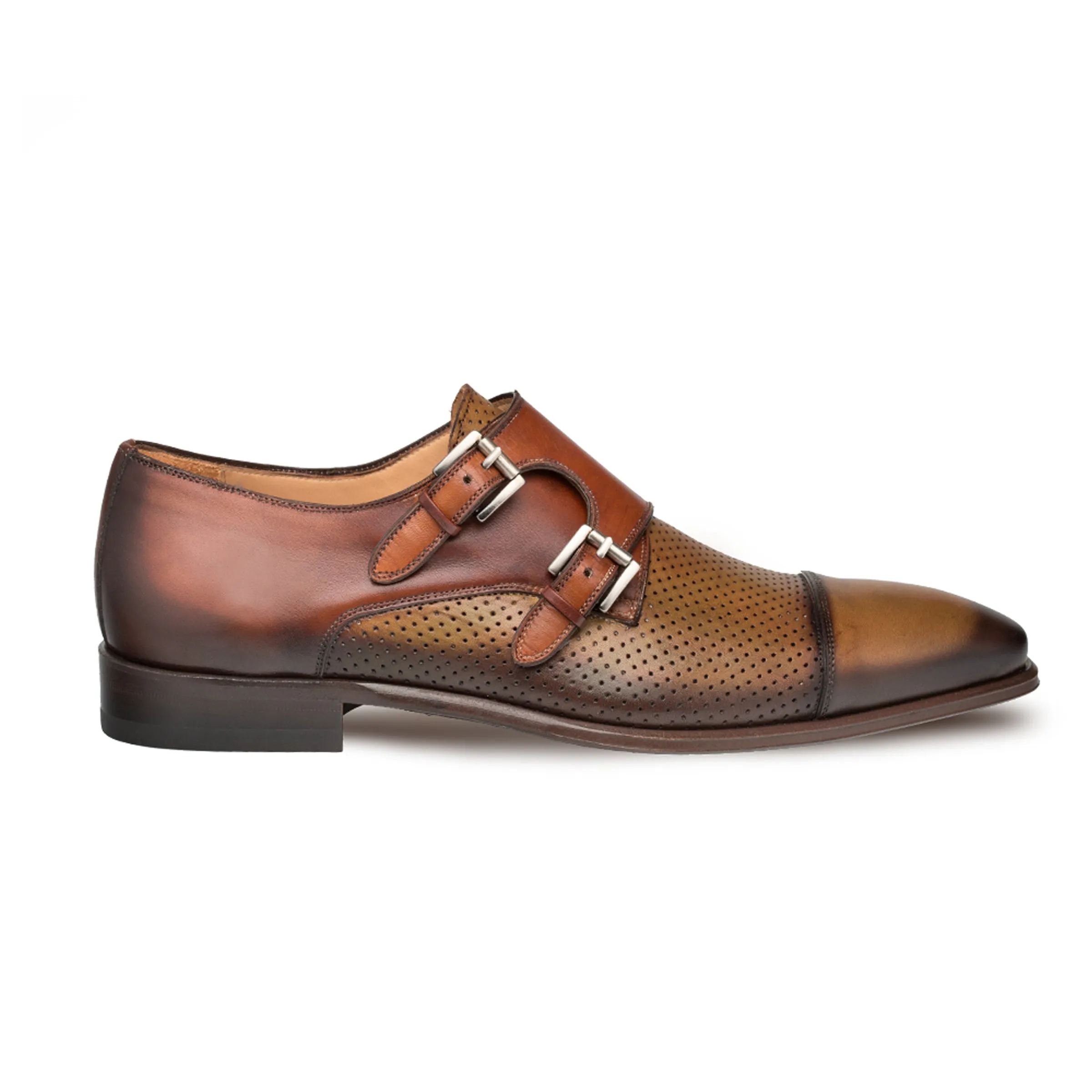 Mens Mezlan Saber Two Tone Calfskin Monk Strap Dress Shoe in Tan & Blue