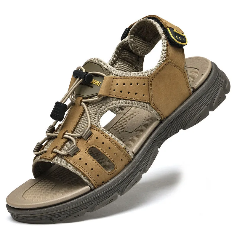 Men's Outdoor Water Sports Leather Sandals with Open Toe Adjustable Straps