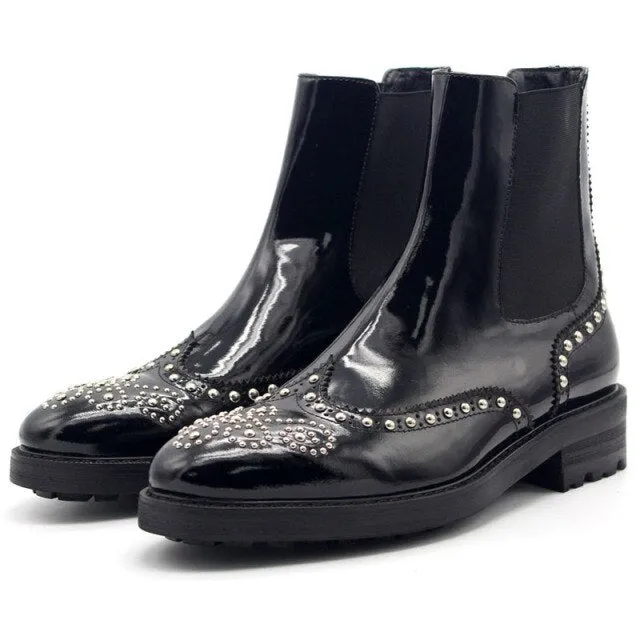 Mens Punk Rivet Slip On Chelsea Boots Brogue Handmade