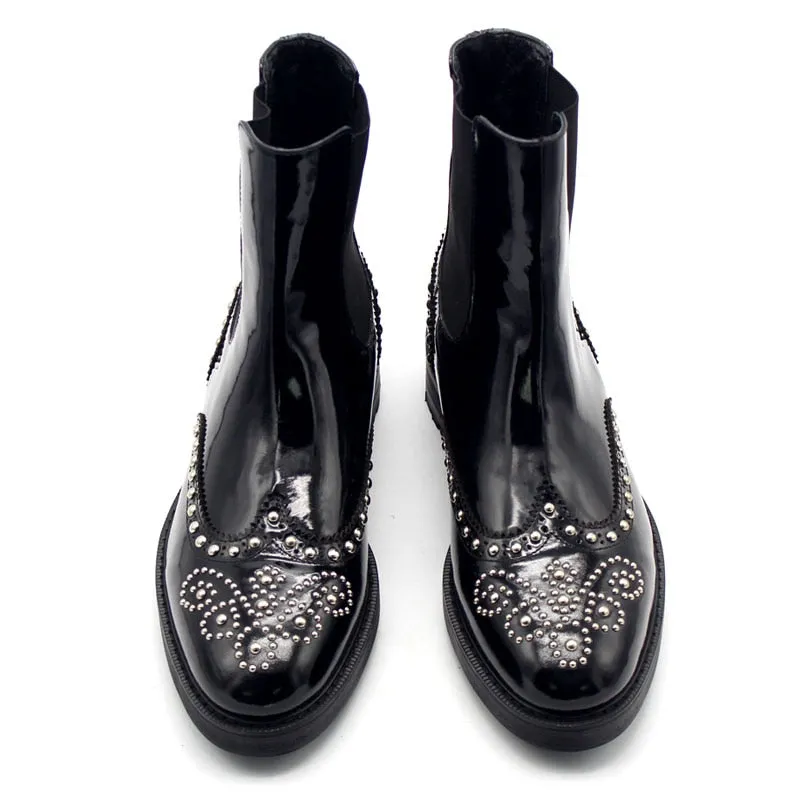 Mens Punk Rivet Slip On Chelsea Boots Brogue Handmade