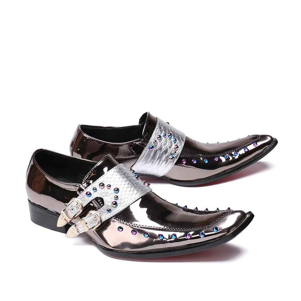 New British Style Gold Silver Wedding Party Men Dress Shoes Rivets Genuine Leather Men Oxford Shoes Formal Shoes