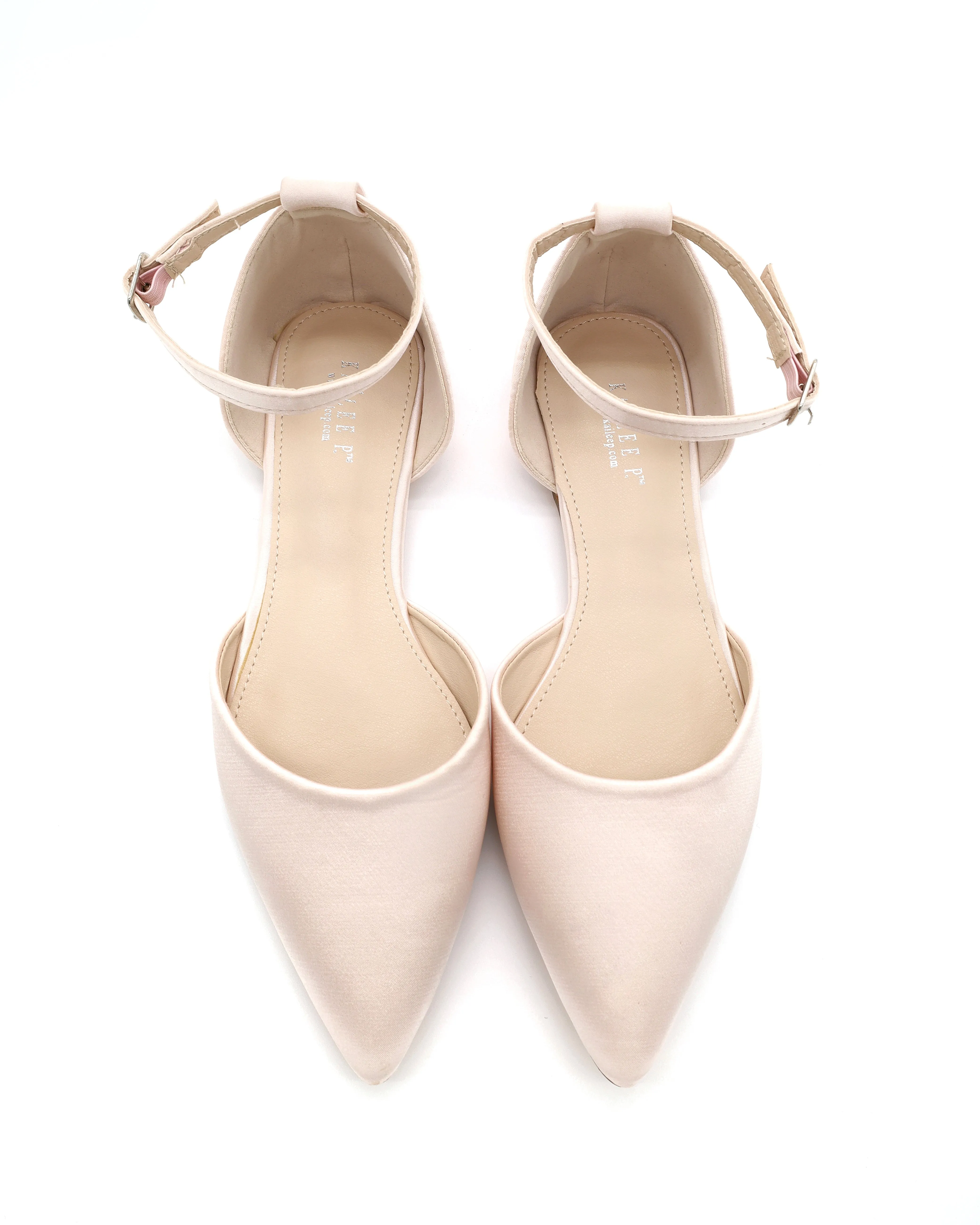 Satin Pointy Toe Flats with Ankle Strap