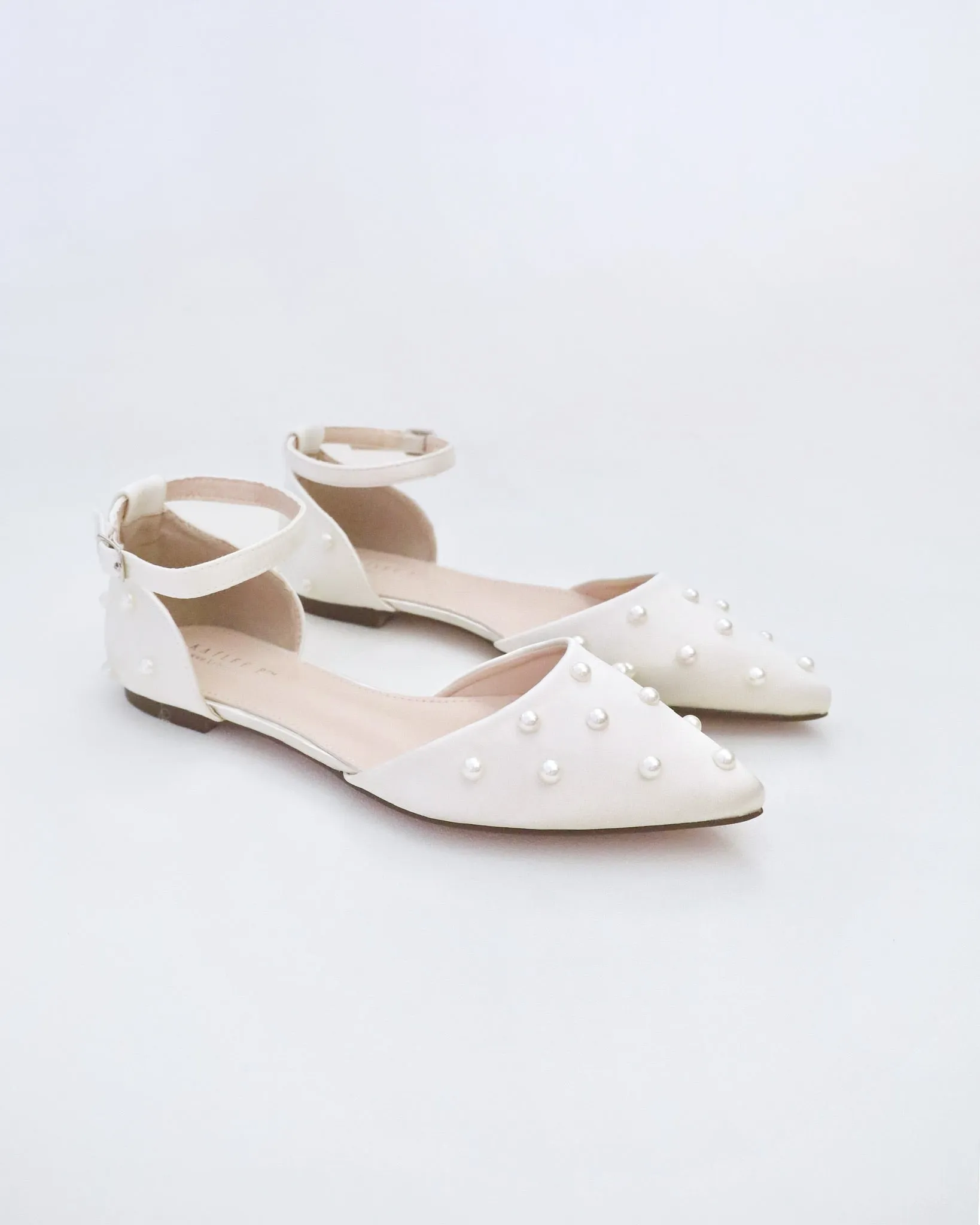 Satin Pointy Toe Flats with Scattered Pearls