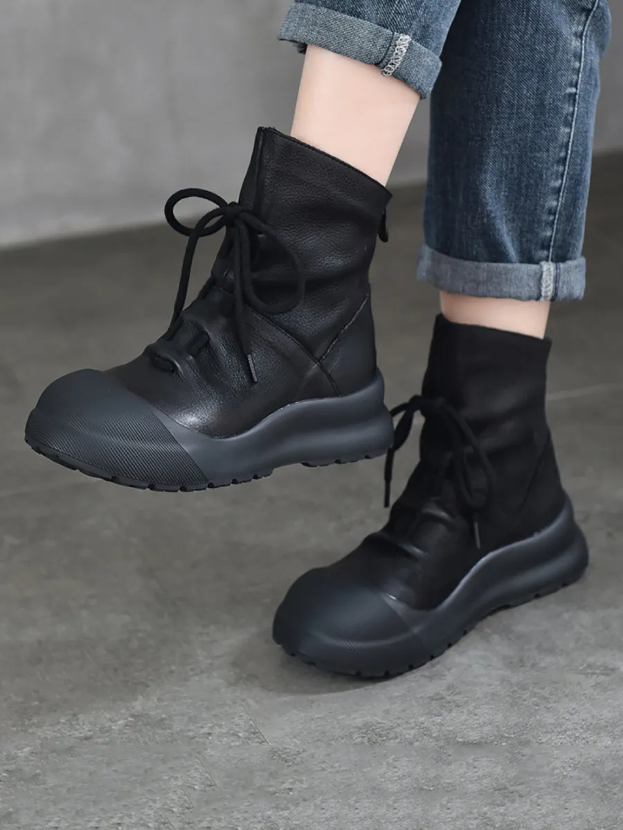 Women Genuine Leather Mid-Heel Martin Boots